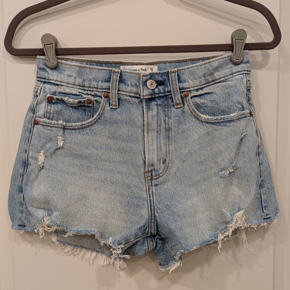 Abercrombie & Fitch Distressed Light Blue Denim Curve Love Mom Shorts